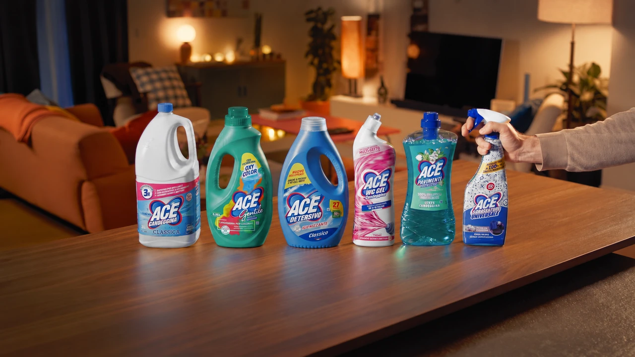 La linea di prodotti ACE nel set della campagna Gli eroi del pulito
